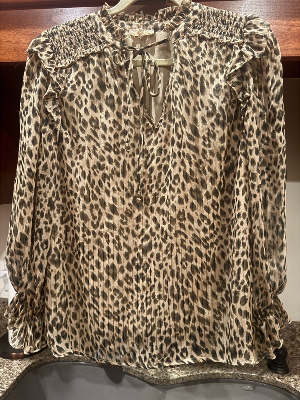 entro Taupe and Black Leopard-Print Ruffled Neck Blouse